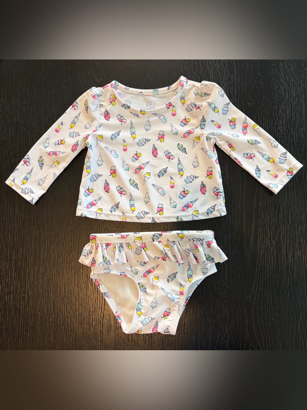 GAP White Ice Cream Print Long-Sleeve Rashguard Bikini Set